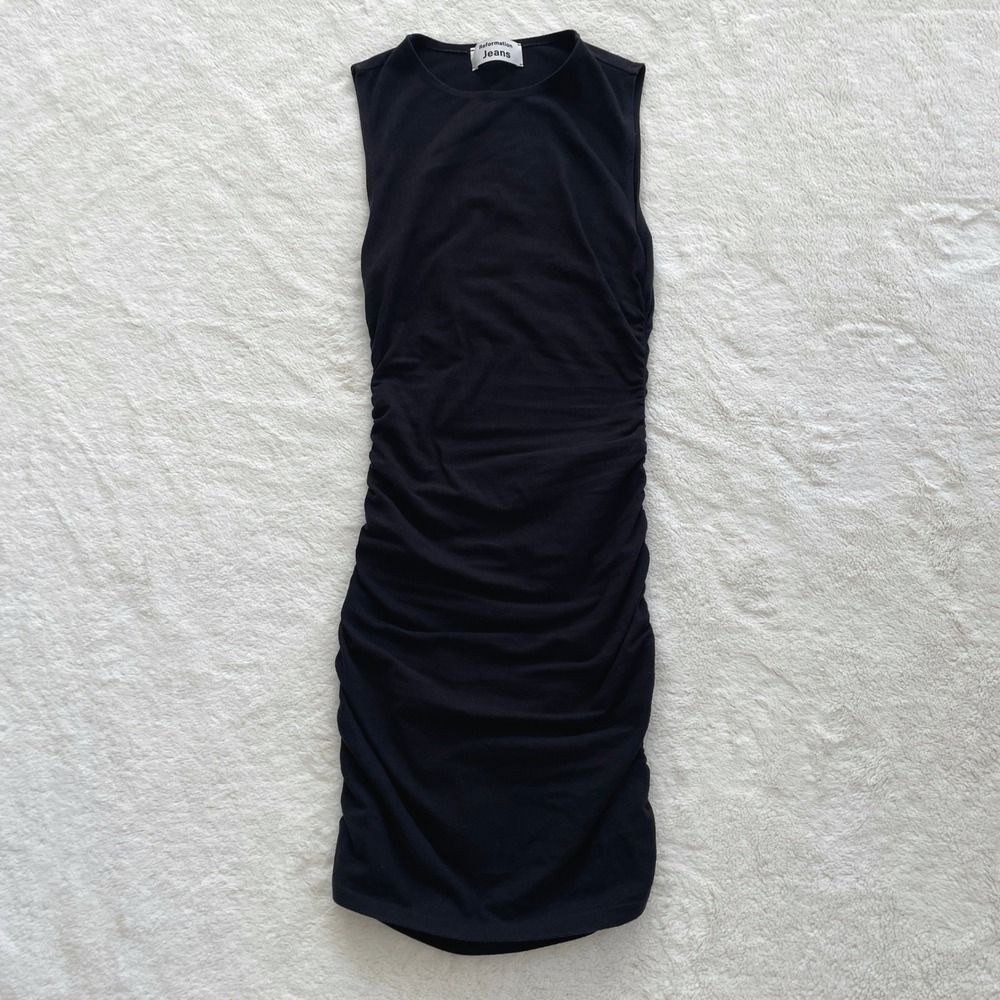Reformation Jeans Black Ruched Sleeveless Bodycon Mini Dress XS Organic‎ Cotton
